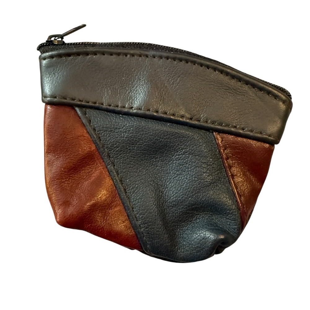 Leather Colorblock Coin Pouch in Brown and Charcoal